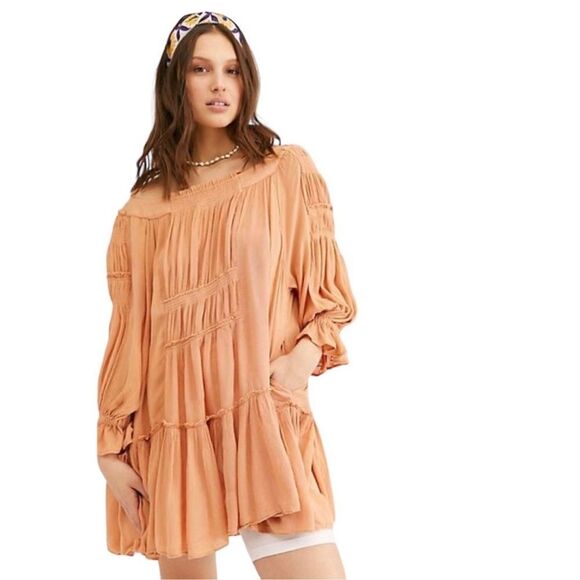 Free People off the shoulder coral swing peasant babydoll long sleeve Dress Sm - Picture 1 of 7